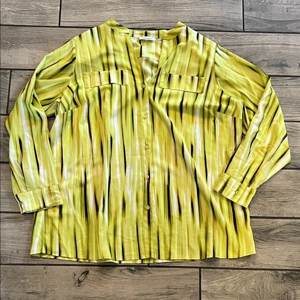 Calvin Klein women’s Vibrant Yellow Striped Button-Up Blouse 1X - Picture 1 of 3